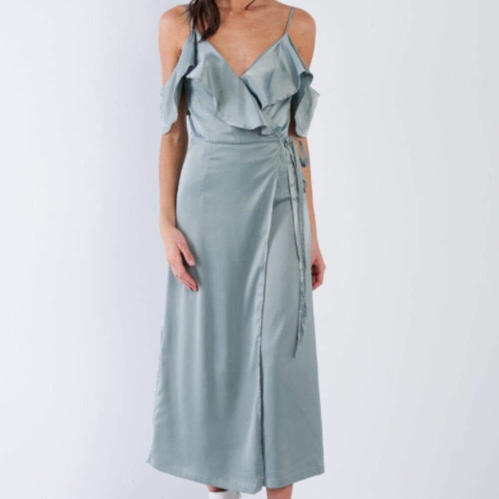 Satin Sage Green Off-The-Shoulder Mock Wrap Chic Jumpsuit - Picture 1 of 4